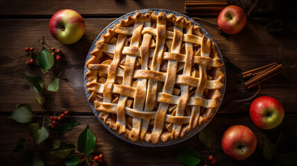 apple pie on wooden table, top view - obrazy, fototapety, plakaty
