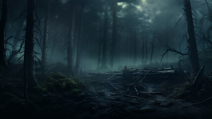 dark misty forest in dark