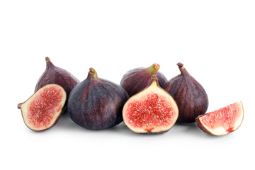 Many juicy cut figs isolated on white background