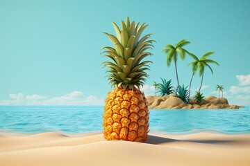A beach icon with a 3D pineapple evoking the atmosphere of a summer getaway. Generative AI