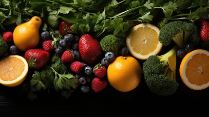 Food background with assorted fresh organic fruits and vegetables