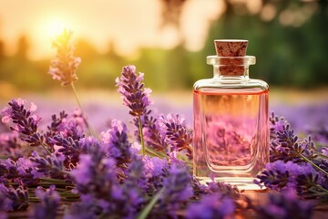 Obraz na płótnie Canvas Transparent bottle of lavender essential oil amidst lavender flowers. Generative AI