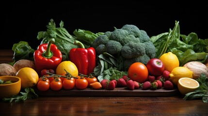 Food background with assorted fresh organic fruits and vegetables