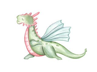 Dragon standing in triangle pose, performing warrior one pose. Hatha yoga practice. Winged reptile meditation. Animal practicing fitness exercises. Watercolor illustration