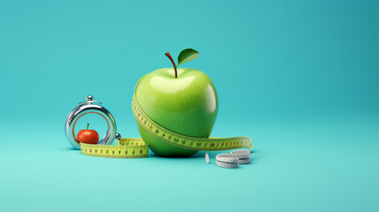 diet concept. apple on measuring tape. diet and loss concept