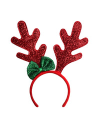 Red reindeer antlers headband for Christmas costume dress up isolated cutout on transparent