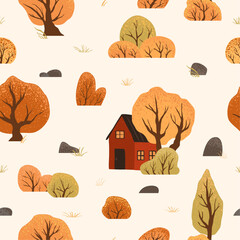 Seamless pattern with autumn trees, bushes. Scandinavian style nature illustration. Fall landscape background. Vector illustration for textile,wallpaper, fabric design, wrapping paper