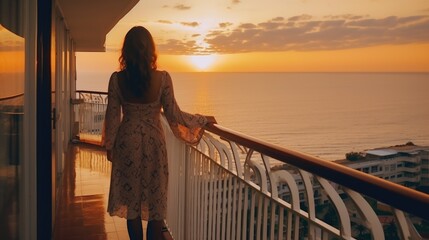 Foreign woman standing back view and enjoying large balcony at sunset with sea view - obrazy, fototapety, plakaty