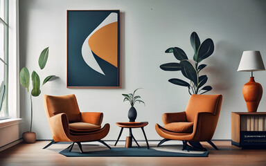 Two sofa and round wooden coffee table against window near paneling wall. Mid-century home interior design of modern living room. Created with Generative Ai