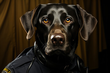 Intense close-up of black Labrador Retriever's watchful eyes, in hands of security officer with walkie-talkie, a powerful symbol of obedience, vigilance and authority.