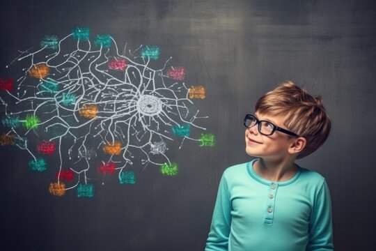 smiling little boy with glasses standing near chackboard