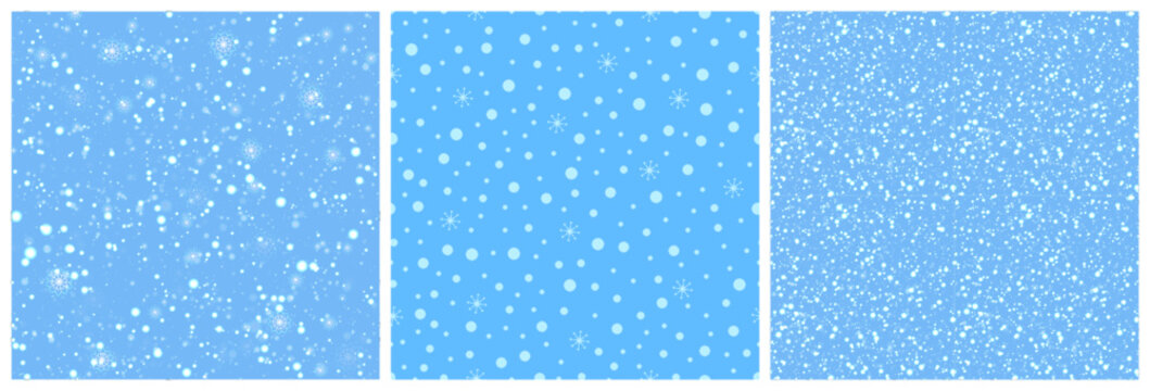 Snow seamless patterns set. Snowfalling repeated texture vector illustration. Cute snowflakes background for winter wallpaper. Can use for holidays decoration, Christmas, New Year textile designs