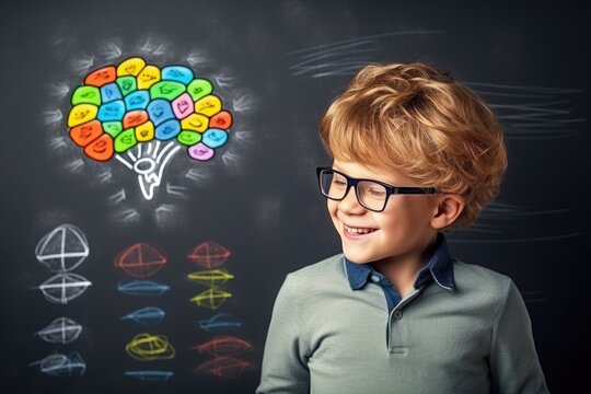 Smart little boy near chackboard