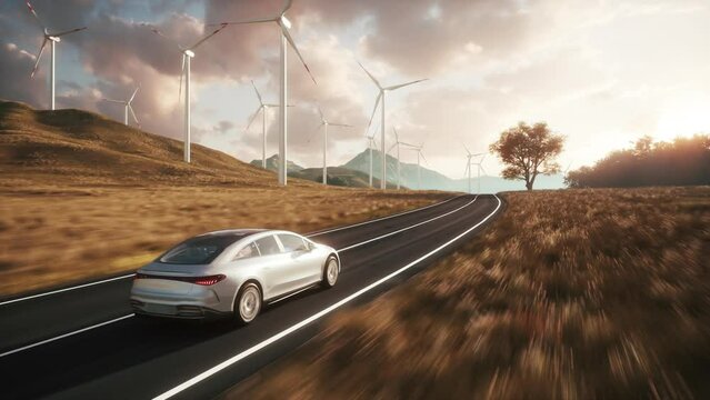 Electric car drives along a windmills. Modern technologies in the field of renewable electricity. 3d animation