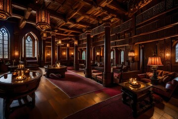 the opulent interior of a Viking castle, a breathtaking fusion of rugged strength and intricate beauty - AI Generative