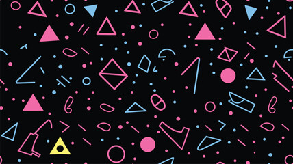 Geometric Vector pattern on a black background. Form a triangle, a line, a circle. Hipster fashion Memphis style.