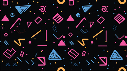 Geometric Vector pattern on a black background. Form a triangle, a line, a circle. Hipster fashion Memphis style.