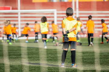 View of a boy from behind training as a goalkeeper on a soccer field