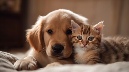 Adorable puppy and kitten lying together in a loving embrace