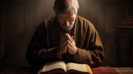 young man in a dark robe reading the bible