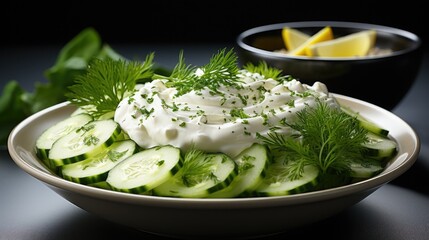 fresh green vegetables spinach and cottage cheese with cucumber and yogurt in a bowl on white, healthy diet food