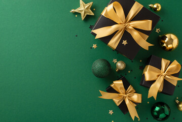 Extravagant Yuletide presents: Overhead shot of luxurious black gift boxes wrapped in golden ribbons, accompanied by stylish tree ornaments and confetti, on green surface, ready for your message or ad