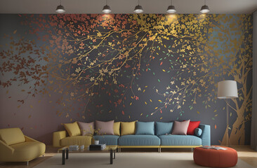 Vibrant and Elegant 3D Tree Abstraction Colorful Leaves on Hanging Branches, Ideal for Interior Mural in the Living Room