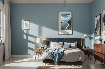 Modern Scandinavian Bedroom with a Large Art Poster Frame