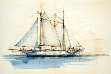 Blue sea sailboat sketch. Generative AI