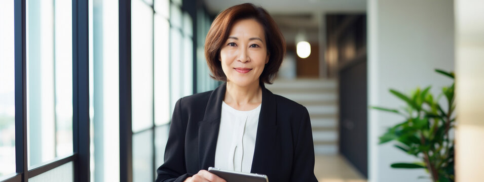 Professional headshot of mature Asian business woman holding tablet in modern office