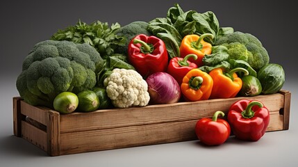 Fresh Vegetables in wooden box on wooden table on a white background