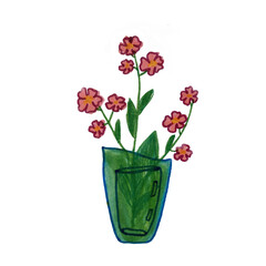 vase with pink flowers. home plant. drawn sticker with transparent background.