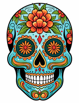 Drawing illustration of an ornately decorated Day of the Dead sugar skull, or calavera. Ai generative