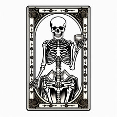 tarot card skeleton ,black line white background
