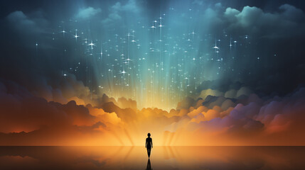 World mental health day concept Silhouette alone woman standing on abstract of heaven background made with AI