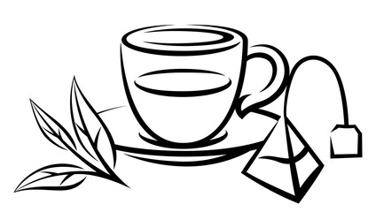 Cup and bag with tea. Illustration of traditional drink.