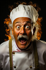 Unforgettable middle-aged chef showing profound surprise, his eyes wide in disbelief, set against a neutral background.