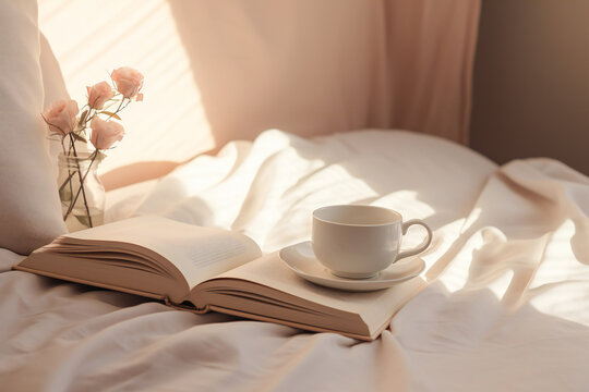 Book and Coffee on a Pastel Beige Bed with Sunlight Filtering into the Room: A Cozy Concept for Lazy Weekends, Reading, or Relaxation
