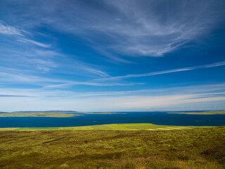 View from Wideford Hill, Mainland, Orkney, Scotland towards the northern islands of the archipelago