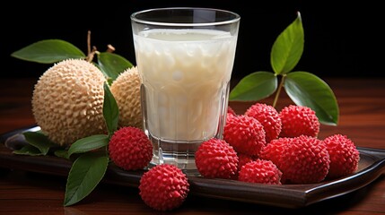 Glass of lychee juice and sliced lychee fruits isolated on darker background