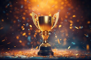 Championship cup or winner trophy in golden and silver shiny chrome with celebration confetti.