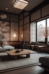 Japan style interior of living room in modern  luxury house.