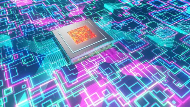 Computer Chip on a Circuit Board with a Maze Pattern 3D rendering