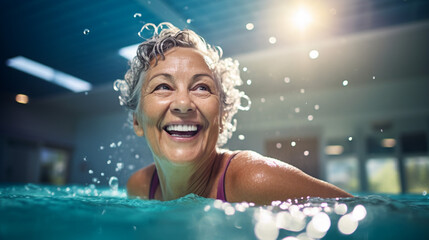 Portrait Active senior woman enjoying aquafit class in pool. Embodying healthy, retirement lifestyle. Close-up. Banner. - obrazy, fototapety, plakaty