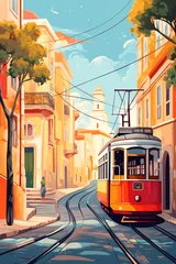 Tuinposter Portugal Lisbon retro city poster with  houses, street and old tram © XC Stock