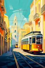 Obraz premium Portugal Lisbon retro city poster with houses, street and old tram
