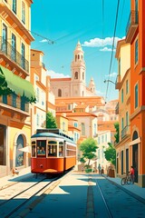 Fototapeta na wymiar Portugal Lisbon retro city poster with houses, street and old tram