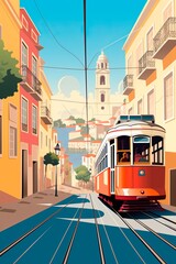 Portugal Lisbon retro city poster with  houses, street and old tram - obrazy, fototapety, plakaty