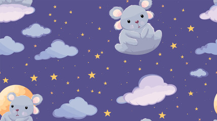 A cute funny koala on the moon is reaching for a star among the clouds. Vector seamless pattern on a purple background. Wallpaper, packaging paper design, fabrics, children's print