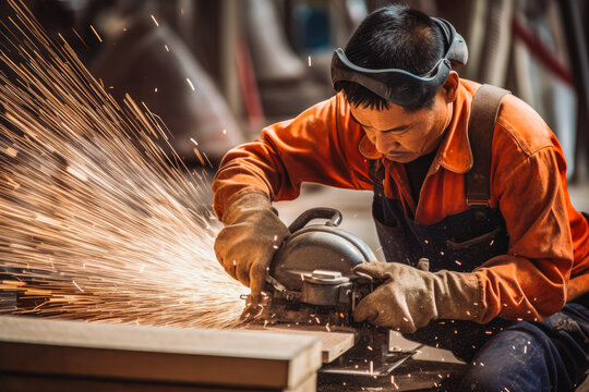 Close up of blacksmith working with power tools in workshop, using a safety protection gear while working